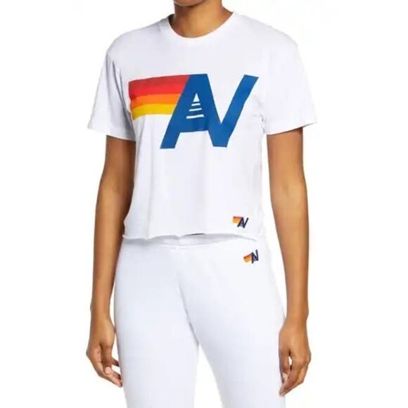 Aviator Nation Cropped AV Logo Graphic Tee White Rainbow T/Shirt Sz S - Picture 4 of 13
